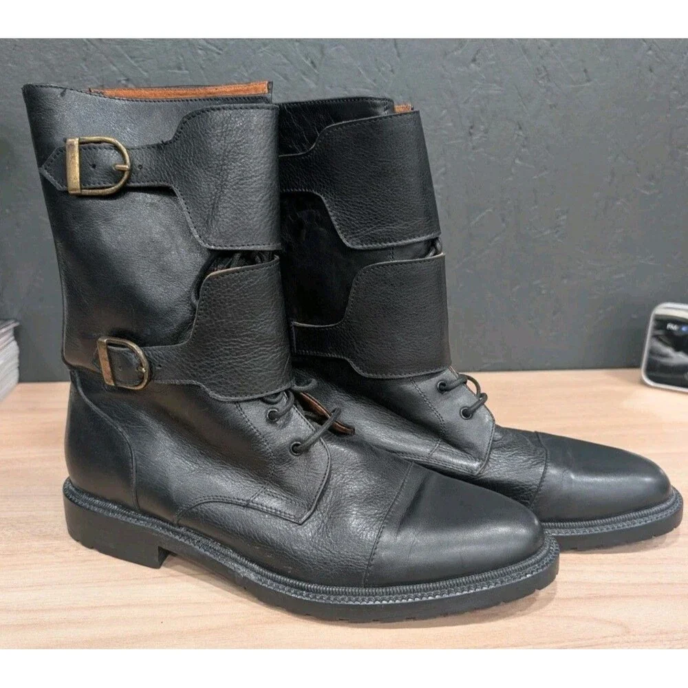 Michele Olivieri Leather Lace up Buckle Boots Men's Size 9 Black Made In Italy